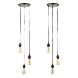 First Choice Lighting Set of 2 Brushed Bronze Vintage Braided Cable 3 Light Pendant Sets in Brown