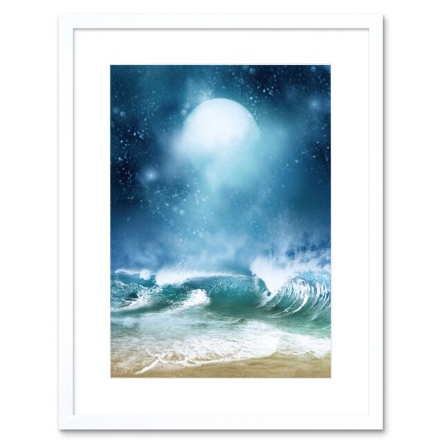 "Artery8 Wall Art Print Beach & Moon Digital Collage Art Framed 9x7 inch in White - Size: W7"" x H9""" - image 1