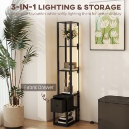 HOMCOM Floor Lamp with Shelves, LED Standing Lamp with Fabric Drawer in Black - thumbnail 4