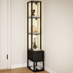 HOMCOM Floor Lamp with Shelves, LED Standing Lamp with Fabric Drawer in Black - thumbnail 2