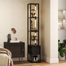 HOMCOM Floor Lamp with Shelves, LED Standing Lamp with Fabric Drawer in Black