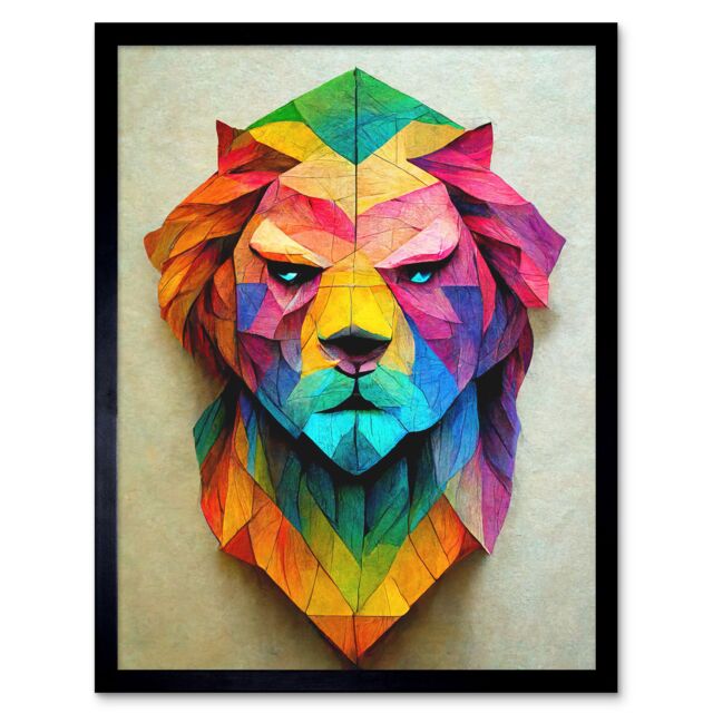 "Artery8 Wall Art Print Vibrant Geometric Lion Head Decoupage Art Framed in Black - Size: W12"" x H16""" - image 1