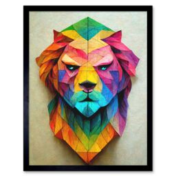 "Artery8 Wall Art Print Vibrant Geometric Lion Head Decoupage Art Framed in Black - Size: W12"" x H16""" - thumbnail 1