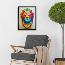 "Artery8 Wall Art Print Vibrant Geometric Lion Head Decoupage Art Framed in Black - Size: W12"" x H16""" - thumbnail 2