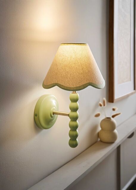 ValueLights Bobbins Sage Green Bobble Wall Light & Linen Pastel Trim Lamp Shade in Pale Green - image 1