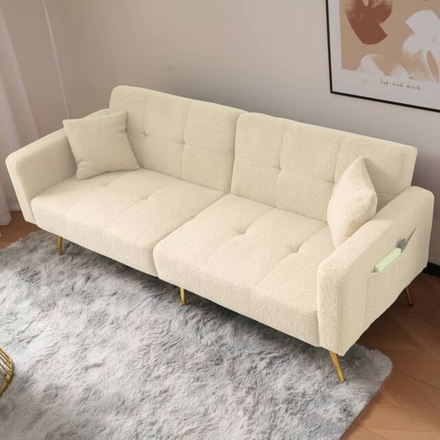 Merax 3 Seater Sherpa Sofa Bed with Adjustable Backrest in Beige - image 1