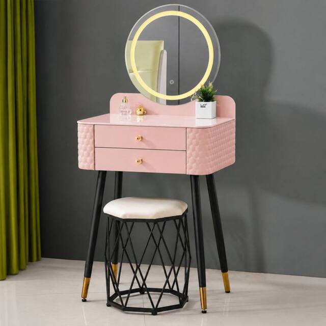 Sliding Wardrobes 4U Modern Dressing Table with LED Mirror & Stool Set W60 x D40 x H127cm in Pink