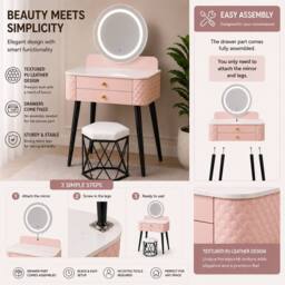 Sliding Wardrobes 4U Modern Dressing Table with LED Mirror & Stool Set W60 x D40 x H127cm in Pink - thumbnail 4