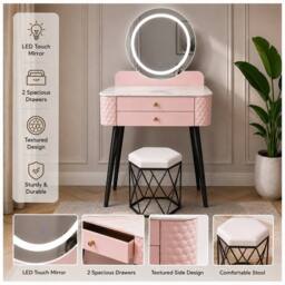 Sliding Wardrobes 4U Modern Dressing Table with LED Mirror & Stool Set W60 x D40 x H127cm in Pink - thumbnail 5