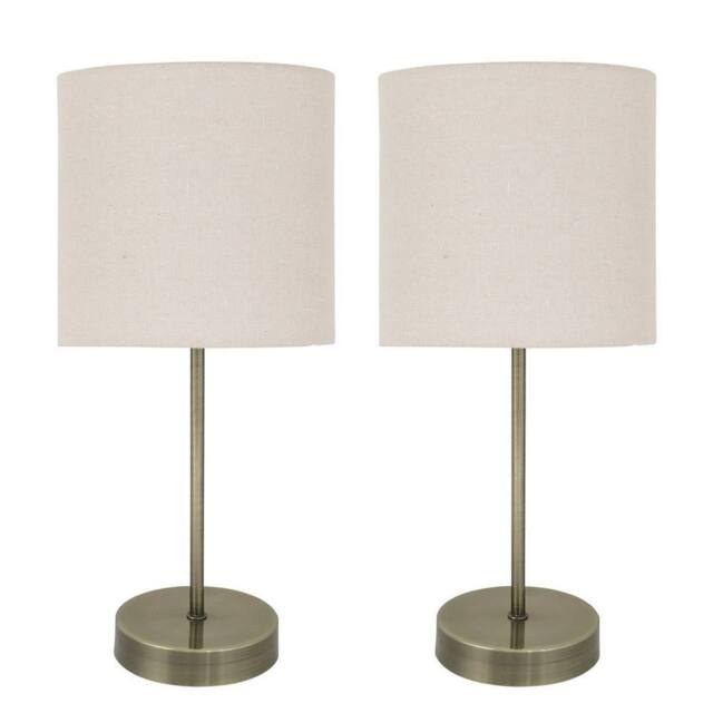 First Choice Lighting Set of 2 Antique Brass Stick Table Lamps with Natural Linen Shades in Bronze - image 1