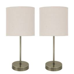 First Choice Lighting Set of 2 Antique Brass Stick Table Lamps with Natural Linen Shades in Bronze