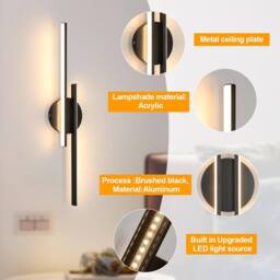 Goeco Modern Indoor Wall Light, 24 W, Black Wall Lighting LED, 3000 K - thumbnail 7