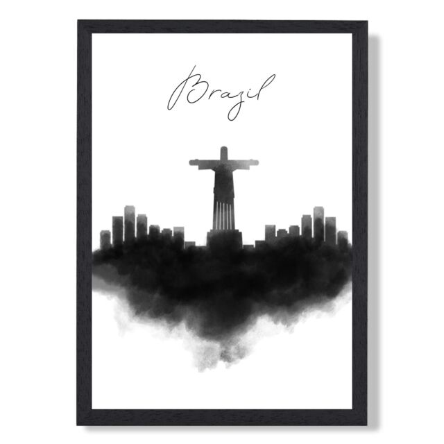 ARTZE Brazil Watercolour Skyline City Framed Print SIZE: A2 with Black Frame - Size: A4 - image 1