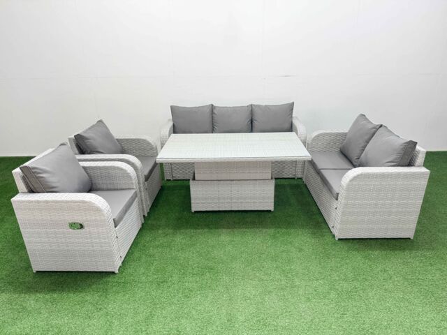 Fimous PE Rattan Garden Furniture Set Reclining Chair Sofa Double Love Seat 2 Seater Sofa Lounge Set Adjustable Lifting Dining or Coffee Table Light - image 1