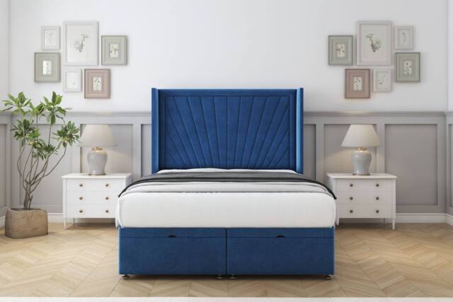 "Comfort Beds Sunrise Plush Ottoman Bed Base-54"" Wingback Headboard in Navy - Size: Small Double" - image 1