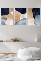 ARTZE Abstract Blue, Beige, Gold Shapes Framed Wall Art - Medium in White - Size: W45 cm x H62 cm x D20mm - thumbnail 1