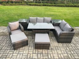 Fimous 8 Piece Rattan Garden Furniture Set with Patio Sofa Rectangular Dining Table 2 Side Tables 2 Big Footstool Indoor Conservatory Patio Set - thumbnail 1