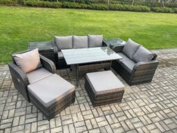 Fimous 8 Piece Rattan Garden Furniture Set with Patio Sofa Rectangular Dining Table 2 Side Tables 2 Big Footstool Indoor Conservatory Patio Set - thumbnail 2