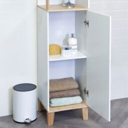 Showerdrape Catania Matt White & Bamboo Tall Bathroom Cabinet with Display Shelves - thumbnail 4