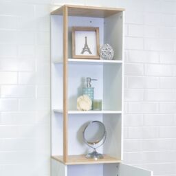 Showerdrape Catania Matt White & Bamboo Tall Bathroom Cabinet with Display Shelves - thumbnail 3