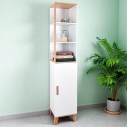 Showerdrape Catania Matt White & Bamboo Tall Bathroom Cabinet with Display Shelves - thumbnail 1