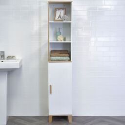 Showerdrape Catania Matt White & Bamboo Tall Bathroom Cabinet with Display Shelves - thumbnail 2