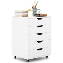 Costway 5 Drawer Chest Storage Wooden Dresser Rolling Storage Cabinet Mobile Organizer in White