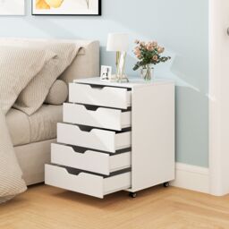 Costway 5 Drawer Chest Storage Wooden Dresser Rolling Storage Cabinet Mobile Organizer in White - thumbnail 4
