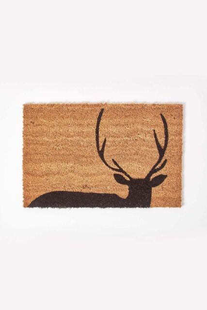 Homescapes Black Stag Silhouette Non-Slip Coir Doormat in Blue - Size: 40 cm x 60 cm - image 1