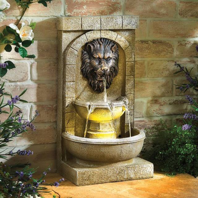 Gainsborough Solar Lion's Head Water Feature, Cascading Bowls with LED Lights in Stone - image 1