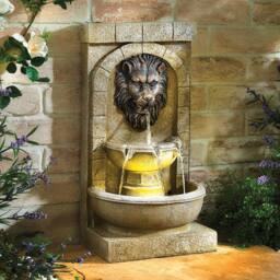 Gainsborough Solar Lion's Head Water Feature, Cascading Bowls with LED Lights in Stone - thumbnail 1