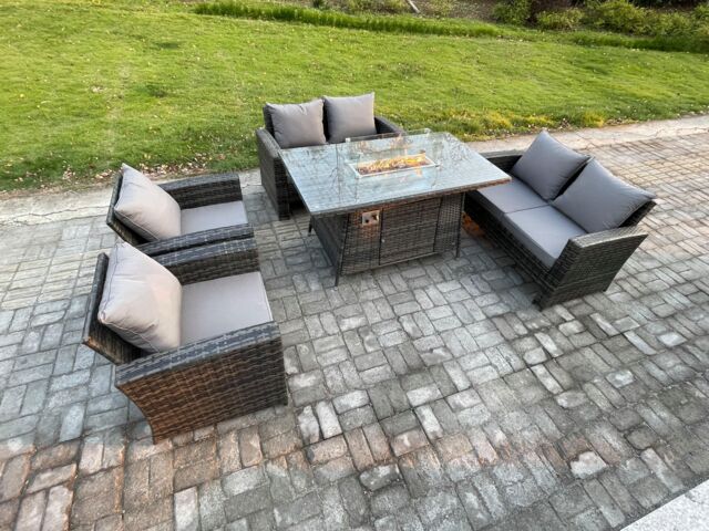Fimous Wicker PE Rattan Garden Furniture Sets 6 Seater Patio Outdoor Gas Firepit Dining Table Heater Set with Double Seat Sofa in Dark Grey