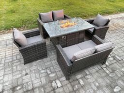 Fimous Wicker PE Rattan Garden Furniture Sets 6 Seater Patio Outdoor Gas Firepit Dining Table Heater Set with Double Seat Sofa in Dark Grey - thumbnail 2