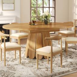 Merax Extendable Round Wood Effect Dining Table with Pedestal Base in Natural - thumbnail 4