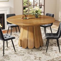 Merax Extendable Round Wood Effect Dining Table with Pedestal Base in Natural - thumbnail 2