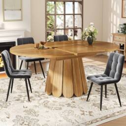 Merax Extendable Round Wood Effect Dining Table with Pedestal Base in Natural