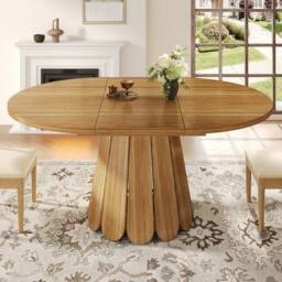 Merax Extendable Round Wood Effect Dining Table with Pedestal Base in Natural - thumbnail 5