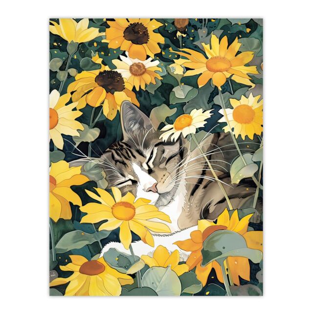 "Artery8 Tabby Cat Lover Asleep in Wildflower Garden Wall Art Print in Yellow - Size: W18"" x H24""" - image 1