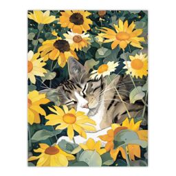 "Artery8 Tabby Cat Lover Asleep in Wildflower Garden Wall Art Print in Yellow - Size: W18"" x H24""" - thumbnail 1