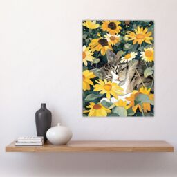 "Artery8 Tabby Cat Lover Asleep in Wildflower Garden Wall Art Print in Yellow - Size: W18"" x H24""" - thumbnail 4