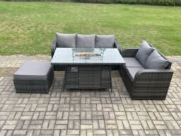 Fimous PE Wicker Outdoor Rattan Garden Furniture Set Propane Gas Fire Pit Table & Sofa set with Big Footstool in Dark Grey - thumbnail 3