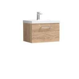 Balterley Contemporary Bathroom Wall Hung 1 Soft-Close Drawer Vanity Unit with Mid-Edge Ceramic Basin, Bleached Oak, 600 mm in Brown