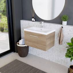 Balterley Contemporary Bathroom Wall Hung 1 Soft-Close Drawer Vanity Unit with Mid-Edge Ceramic Basin, Bleached Oak, 600 mm in Brown - thumbnail 4