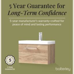 Balterley Contemporary Bathroom Wall Hung 1 Soft-Close Drawer Vanity Unit with Mid-Edge Ceramic Basin, Bleached Oak, 600 mm in Brown - thumbnail 6