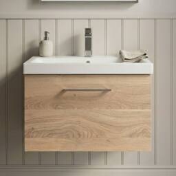 Balterley Contemporary Bathroom Wall Hung 1 Soft-Close Drawer Vanity Unit with Mid-Edge Ceramic Basin, Bleached Oak, 600 mm in Brown - thumbnail 9