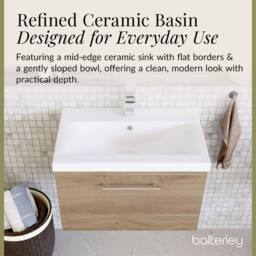 Balterley Contemporary Bathroom Wall Hung 1 Soft-Close Drawer Vanity Unit with Mid-Edge Ceramic Basin, Bleached Oak, 600 mm in Brown - thumbnail 7