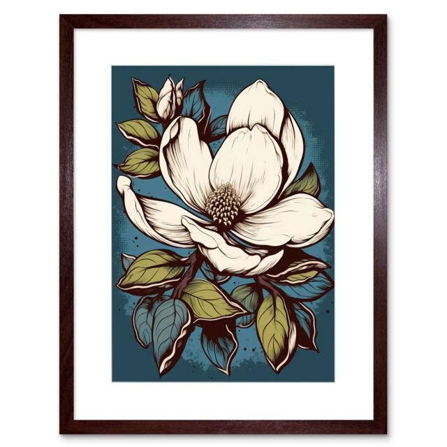 "Artery8 Wall Art Print Magnolia Flower Old School USA Tattoo Ink Body Art Rockabilly Americana 50s Artwork Framed 9X7 Inch in Brown - Size: W7"" x H9""" - image 1