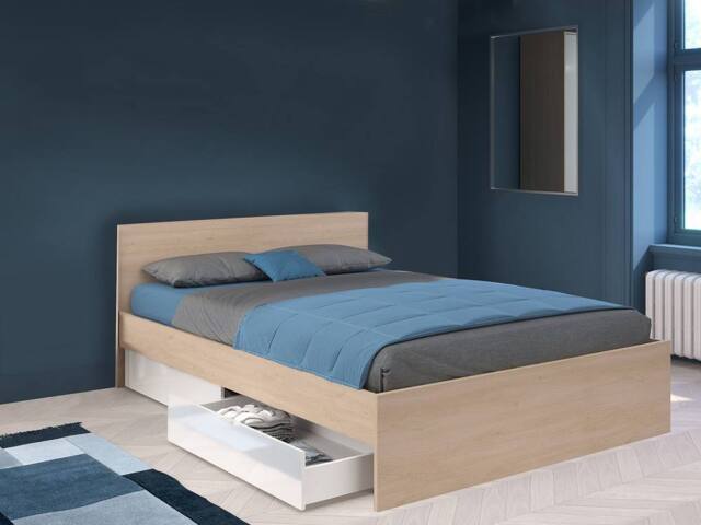Vente-unique Bed With 2 Drawers 160 X 200 Cm - Natural & Gloss White + Bed Base in Light Oak - Size: Double - image 1