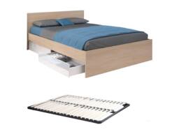 Vente-unique Bed With 2 Drawers 160 X 200 Cm - Natural & Gloss White + Bed Base in Light Oak - Size: Double - thumbnail 2