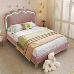 ModernLuxe Upholstered children's bed with adjustable headboard + LEDs in Pink - Size: Single - thumbnail 1